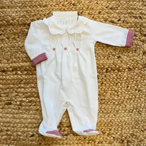 Tutina neonata in cotone panna con colletto sangallo