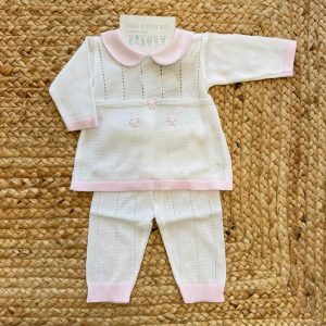 Tutina neonata in cotone panna e rosa con fiocchetti