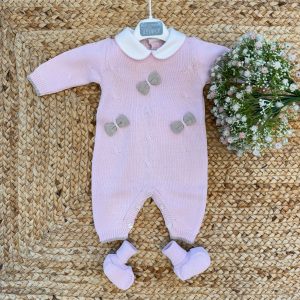 Tutina neonata rosa in misto lana con fiocchetti tortora