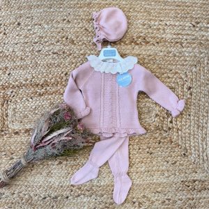 Tutina neonata in maglia con colletto in sangallo