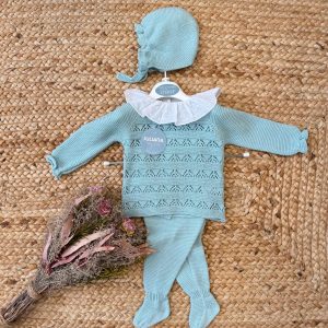 Tutina neonata verde acqua con colletto in tessuto leggero