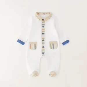 Tutina neonato 100% cotone bianca con dettagli rigati multicolor e colletto sartoriale
