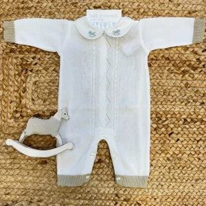 Tutina neonato 100% cotone panna e tortora con colletto ricamato cavallino