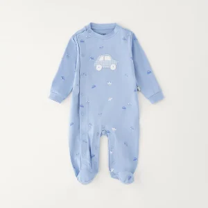 Tutina neonato in 100% cotone azzurra con stampa macchinine e applicazione auto