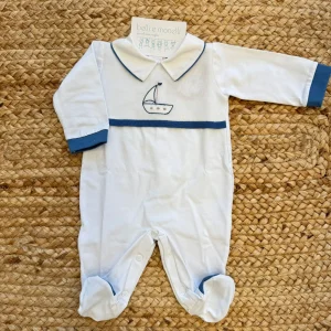 Tutina neonato in cotone panna con barchetta ricamata