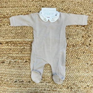 Tutina neonato unisex rigata beige in cotone con colletto ricamato coniglietti