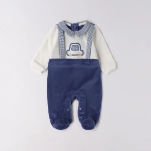Tutina ciniglia neonato blu con bretelle e ricamo macchinina