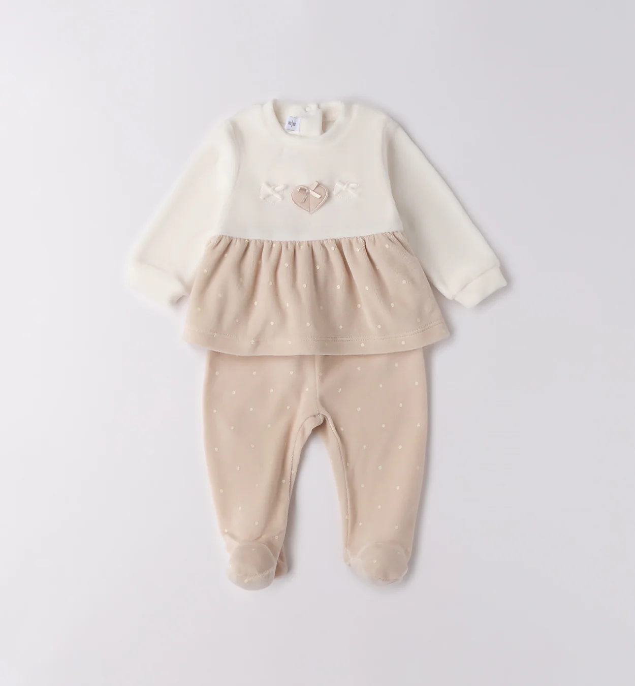 Tutina ciniglia neonata panna e beige cuoricino - immagine 2