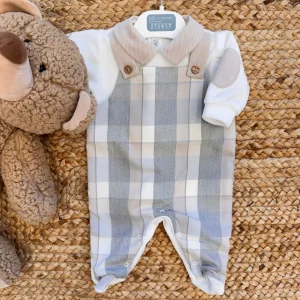 tutina in caldo cotone grigia a quadri con collo e toppe beige