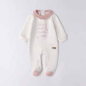 Tutina neonata caldo cotone con colletto rosa e scritta ricamata