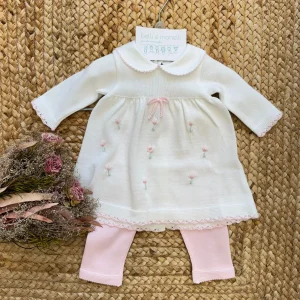 Tutina neonata in filo di cotone panna e rosa