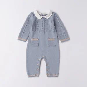 Tutina neonato azzurra con colletto bianco in cotone e lana