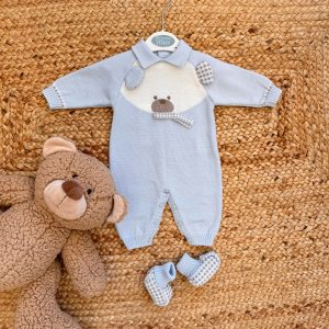 Tutina neonato in pura lana azzurra con orsetto e scarpette coordinate