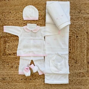 Uscita clinica neonata in cotone panna e rosa con fiocchetti