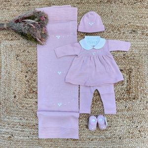 Uscita clinica  neonata in 100% filo di cotone rosa con fiocchi