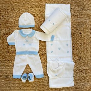 Uscita clinica neonato 100% cotone azzurro con fiocchetti