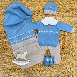 Uscita clinica neonato 100% filo di cotone azzurro e beige