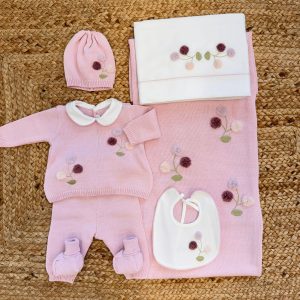 Set nascita neonata rosa misto lana con ricamo fiori