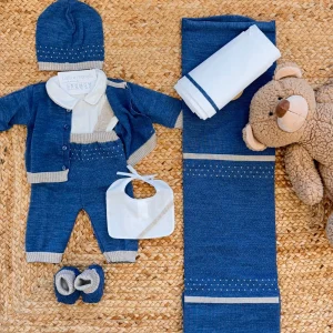 Set nascita neonato misto lana blu e beige