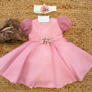 Abito primo compleanno bimba rosa elegante con fascia floreale