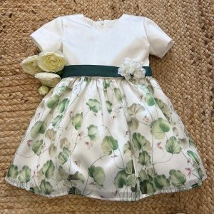 VESTITO BAMBINA CON FOGLIE VERDI CON FIOCCO E FIORI